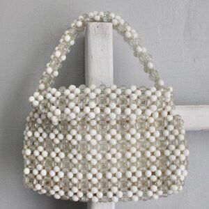 Vintage 1960s Clear & White Plastic Beaded Evening Party Handbag Purse